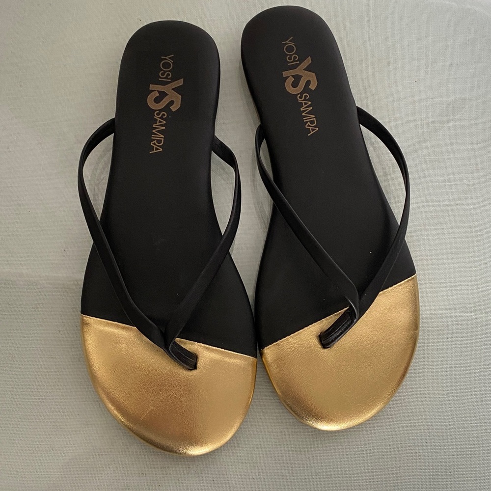 Yosi Samra Black and Gold Leather Sandals Flip-Flops Size 7 - Picture 3 of 11